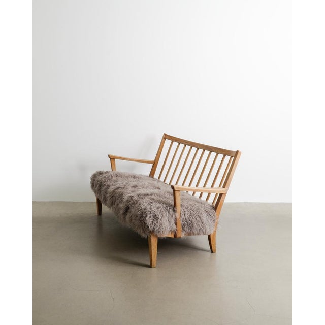 Early Swedish Mid-Century Wooden Pine Two Seater Sofa With Sheepskin by Carl Malmsten, 1940s For Sale - Image 9 of 9