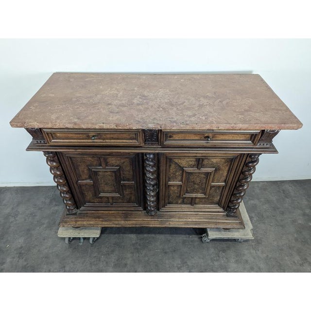 Louis XIII Style Walnut Buffet with Twisted Columns and Pink Marble Top For Sale - Image 4 of 8