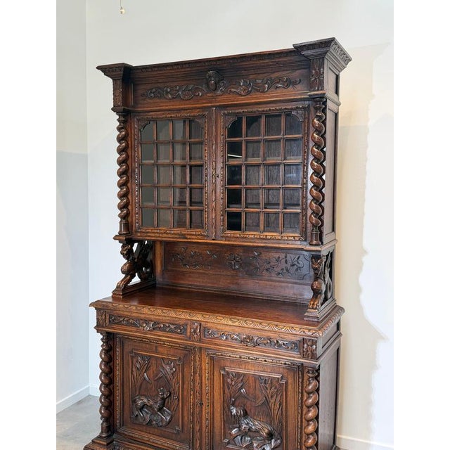 Antique Carved Oak Display Cabinet with Barley Twist Columns For Sale - Image 5 of 7