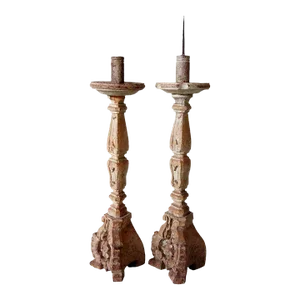 Late 18th Century Indo-Portuguese Baroque Style Painted Teak Candlesticks - A Pair