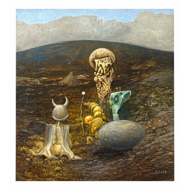 A richly atmospheric surrealist oil on board landscape by Czech artist Pavel Bouda (b. 1932). The composition features...