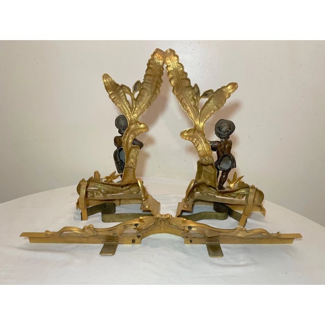 Pair 1800's 2 Tone Ornate Dore Bronze Figural Andirons Chenets Fireplace Fender For Sale - Image 17 of 17