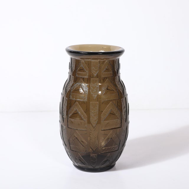 Art Deco Signed Daum Acid-Etched Smoked Glass Vase W/ Geometric Motif For Sale In New York - Image 6 of 10