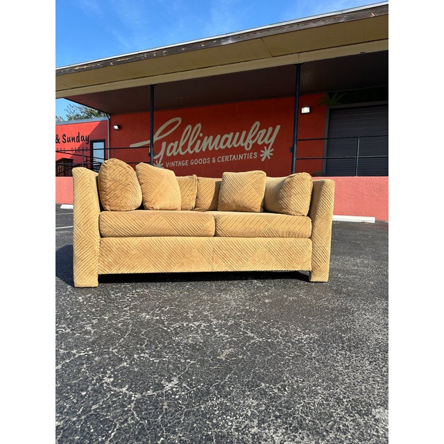 Mid-Century Modern Vintage Diamond Pattern Corduroy Parsons Loveseat For Sale - Image 3 of 11