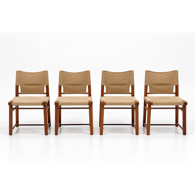 Italian Wooden Dining Chairs with Canvas Upholstery, 1970s, Set of 4 For Sale - Image 4 of 10