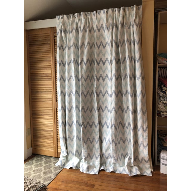 Baby Blue Chevron Printed Drapes Hand Printed Fabric on Linen For Sale - Image 8 of 9