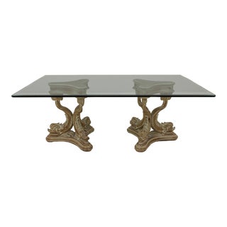 Italian Dolphin Koi Carved Wood Base Glass Top Dining Room Table For Sale