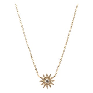 Ladies 14k Yellow Gold 0.23ct Diamond Adjustable Chain Sunburst Pendant Necklace For Sale