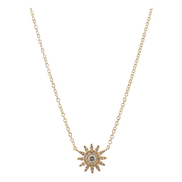 Ladies 14k Yellow Gold 0.23ct Diamond Adjustable Chain Sunburst Pendant Necklace For Sale