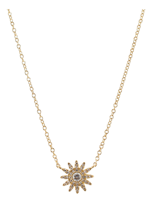 Ladies 14k Yellow Gold 0.23ct Diamond Adjustable Chain Sunburst Pendant Necklace