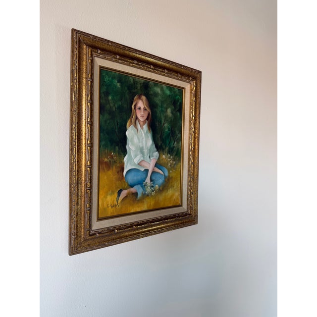 Mid-Century Modern 1970s Vintage E. Weight Portrait of a Girl in Landscape Oil on Canvas Painting, Framed For Sale - Image 3 of 12