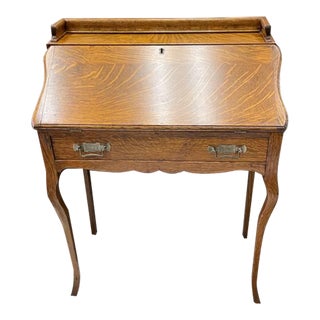 Late 20th Century Antique Tiger Oak Flip Out Desk With One Drawer, Engraved Handles For Sale