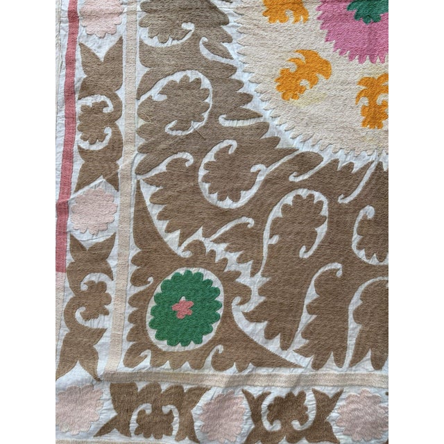 Suzani Textile Wall Art - Neutral Tan Samarkand Embroidery 3'10'' X 5'3'' For Sale - Image 4 of 15