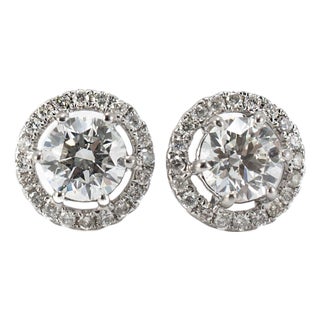 Unisex 18k White Gold Gia 1.21ctw Round Brilliant Cut Diamond Halo Stud Earrings, A Pair For Sale