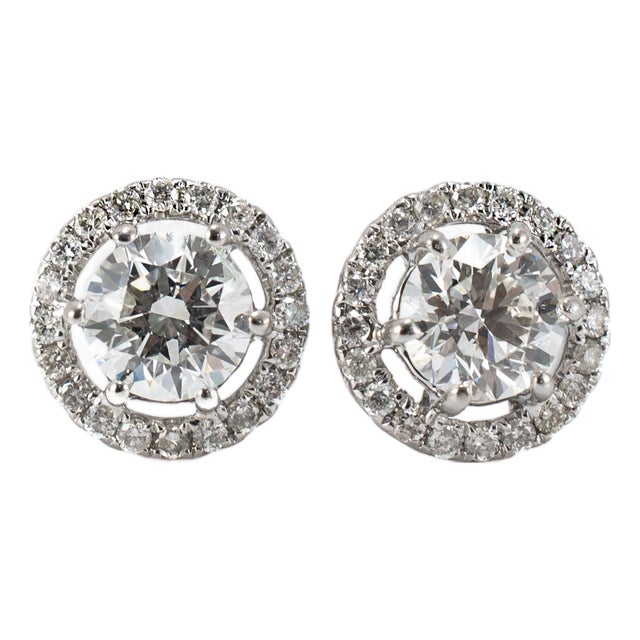 Unisex 18k White Gold Gia 1.21ctw Round Brilliant Cut Diamond Halo Stud Earrings, A Pair For Sale