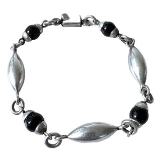 Vintage Sterling Silver and Onyx Link Bracelet - Taxco, Mexico For Sale