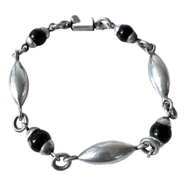 Vintage Sterling Silver and Onyx Link Bracelet - Taxco, Mexico For Sale