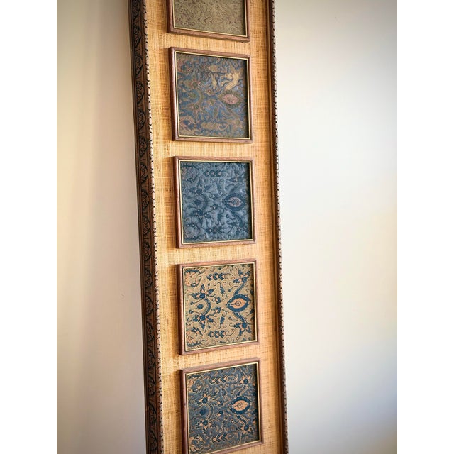 Oversized Tall Vertical Textile Panel With Batik Insets and Grasscloth Backing, Carved Custom Wood Frame, Architectural Wall Art For Sale In Los Angeles - Image 6 of 12