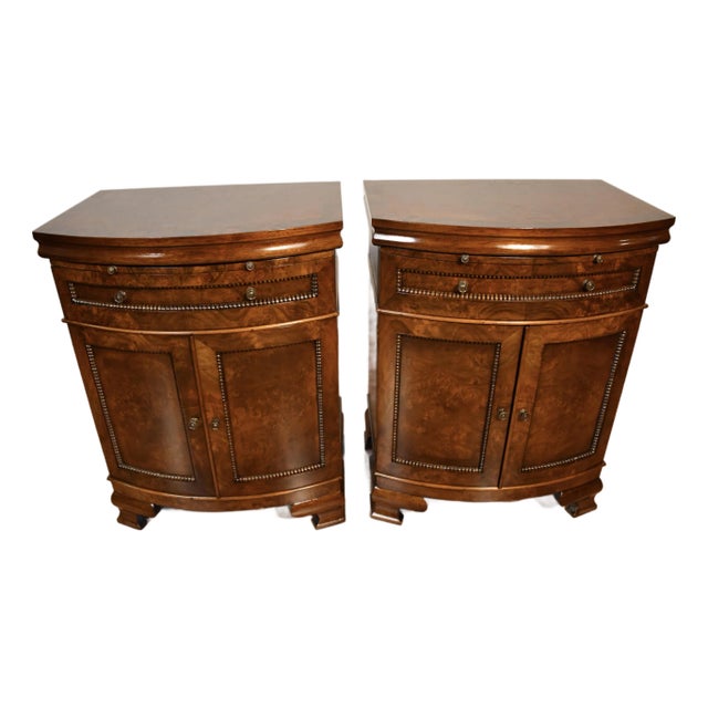 1930 Pair of English Regency Burl Walnut Nightstands / Bedside Tables / Commodes For Sale