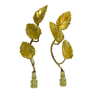 Patina Gold Leaf Vintage Italian Tole Leaf Lamp Finials, a Pair by C. Damien Fox For Sale