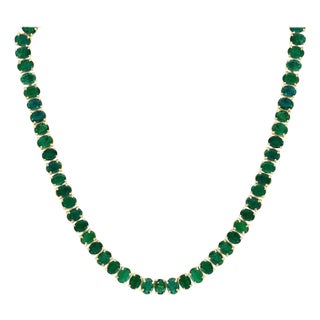 110 Ct Oval Natural Fone Oval Emerald Necklace, 14 K Gold 57.3 Gm , 18 " Long For Sale