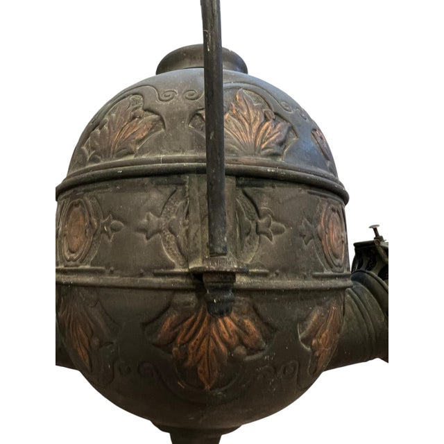 Coffee Late 19th-Early 20th C. Victorian Double Arm "The Angle Lamp Co. Ny" Ceiling Fixture Patinated & Copper Finished Surface For Sale - Image 8 of 12