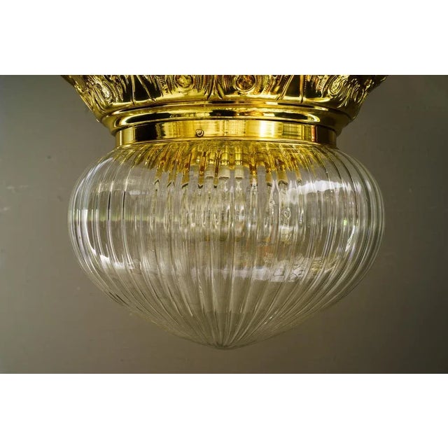 Big historistic Ceiling lamp vienna around 1890s Brass polished and stove enameled Original antique glass shade 3x e27...