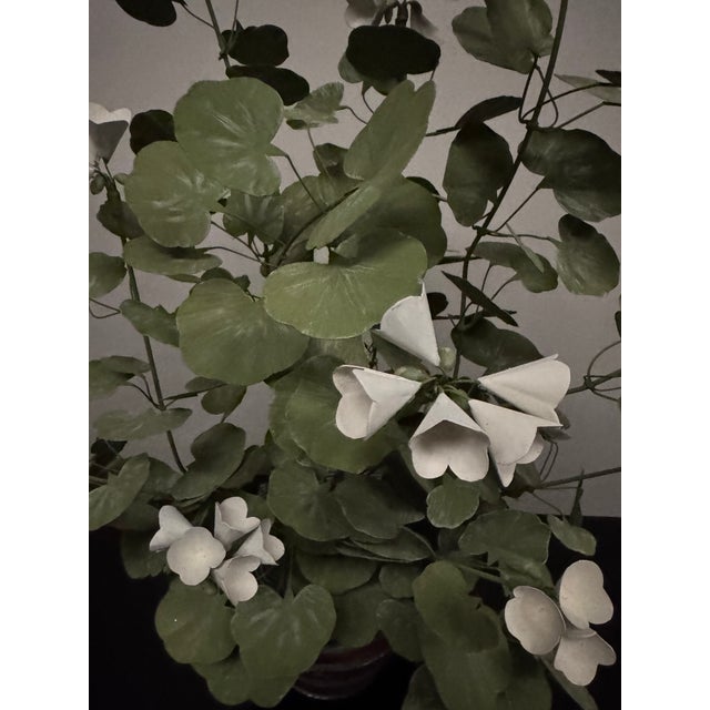 Tole geranium in pot. Hand painted leaves, flowers, and patterned pot