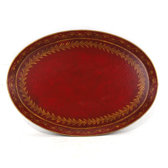 Vintage Handmade Metal Red Tray With Hand-Painted Gold Olive Leaf Wreath For Sale - Image 11 of 11