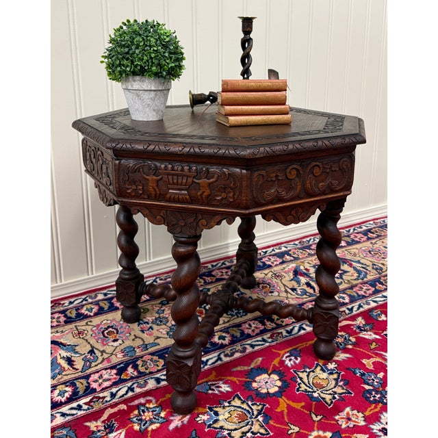 Antique French Octagonal Table Renaissance Revival Barley Twist Oak 24.5"t 19thC For Sale - Image 12 of 18