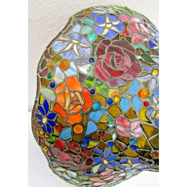 Vintage Tiffany Style Stained Glass Roses Poppies Cabochons Bell Lampshade For Sale - Image 13 of 18