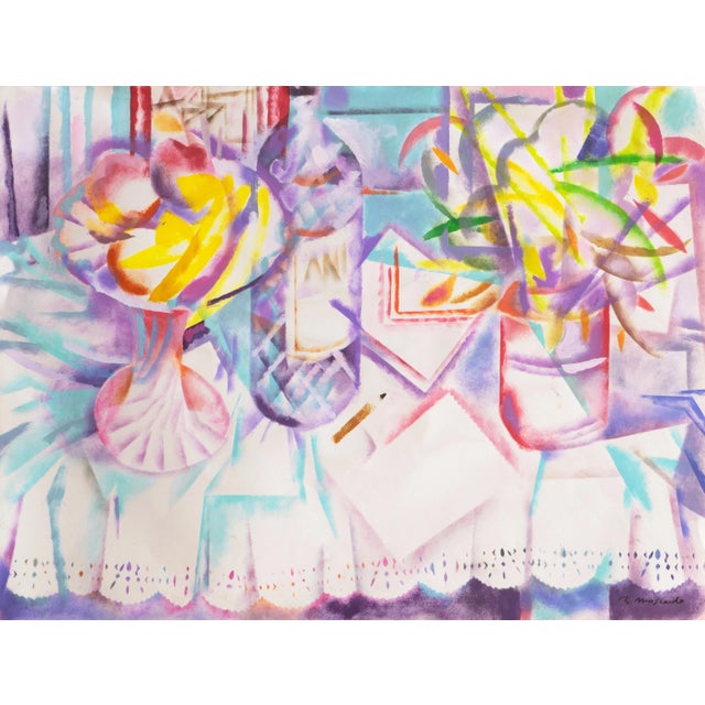 'Still Life of Pastis and Peaches on a Lace Tablecloth' by Ramon Moscardo, Prismatic Modernist Gouache For Sale - Image 11 of 11