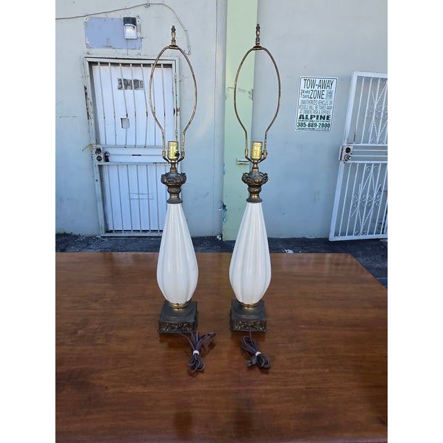 Mid Century Italian Murano White Glass Lamps sold as found with original wiring in working condition