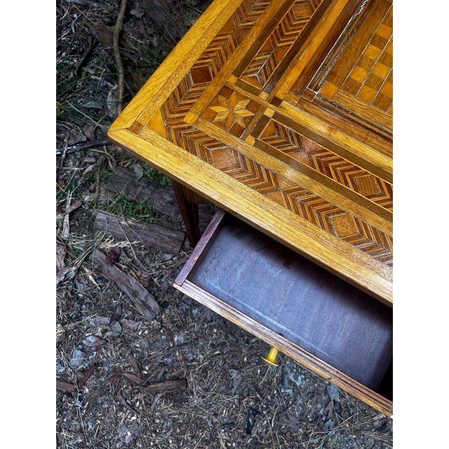 Wood Antique Square Rustic Folk Inlay Marquetry Game / Chess Accent Table For Sale - Image 7 of 9