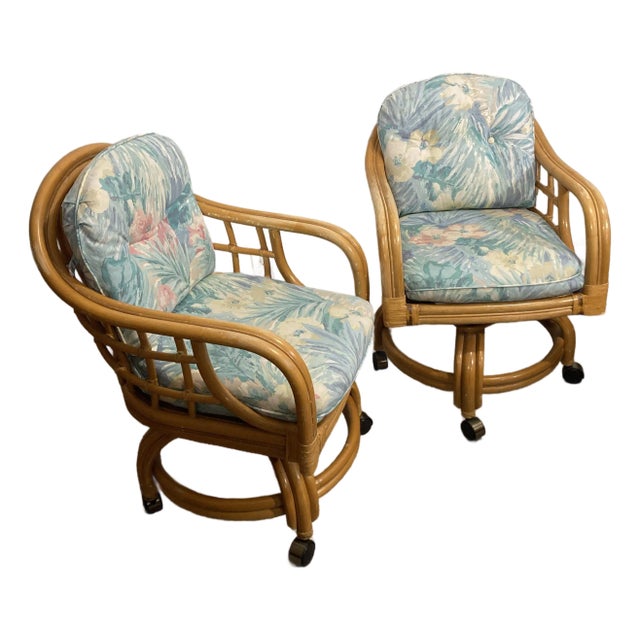 1980s Vintage Lane Venture Rattan and Bamboo Swivel Chairs - A Pair For Sale