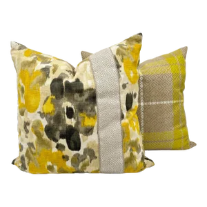 Yellow & Black Floral Linen Pillows - Set of 2