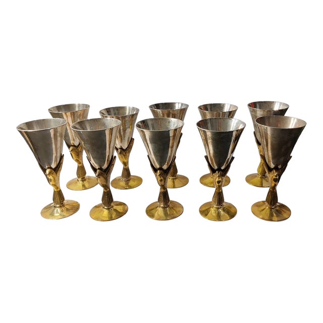 Vintage Elegant Heavy Silver-Plate and Brass Sculpted Bird Cordial/Shot Goblets, Set of 10 For Sale