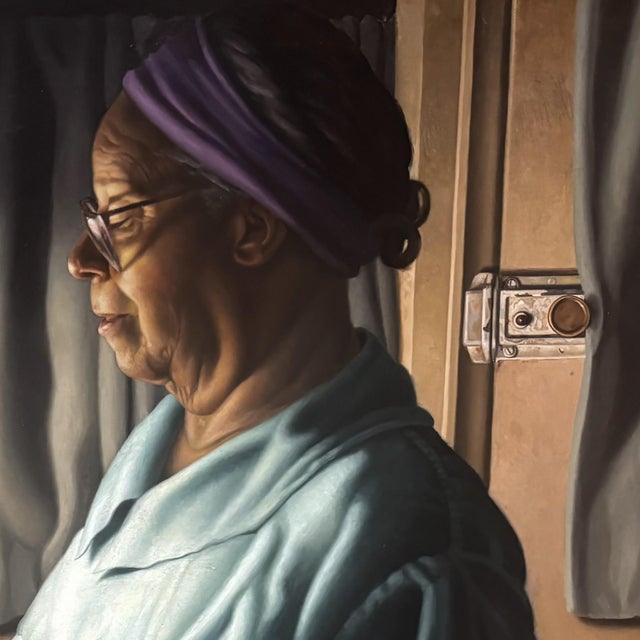 2000 - 2009 Late Supper by Russell Harris | Oil on linen Woman cooking in a kitchen at night. For Sale - Image 5 of 5