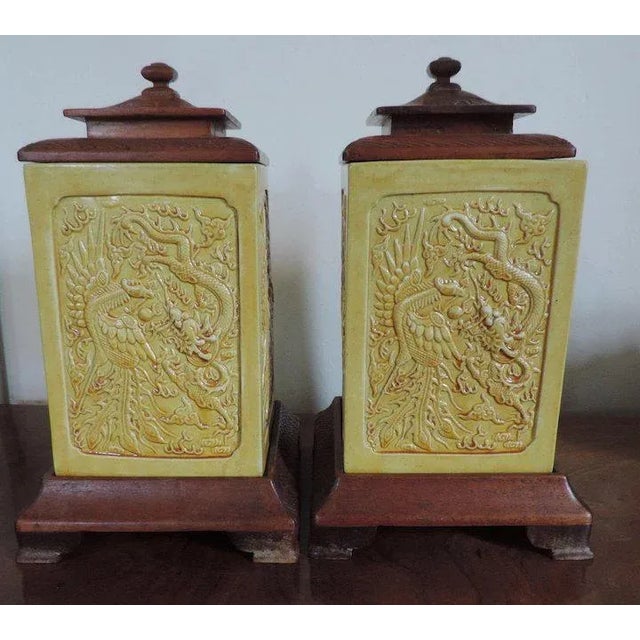 Ceramic Late 19th Century Chinese Monochrome Porcelain Brush Pots with Relief Panels of Exotic Birds and Dragons - A Pair For Sale - Image 7 of 11