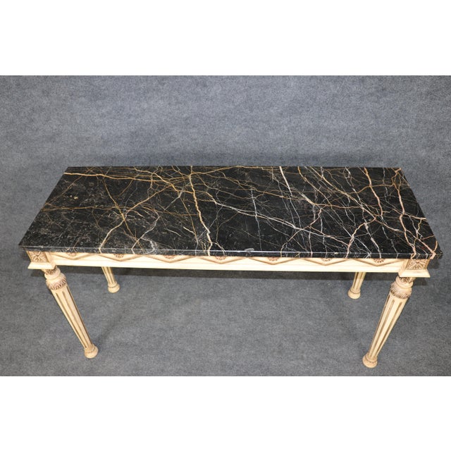 French Louis XVI Style Distressed Painted and Gilt Marble Top Console Table For Sale - Image 3 of 13