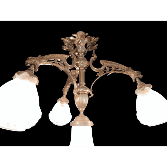 Gold 19th Century French Medieval Gothic Revival Bronze Four-Light Chandelier with Frosted Glass with Gryphons Gargoyles Dragons, 1890s For Sale - Image 8 of 13