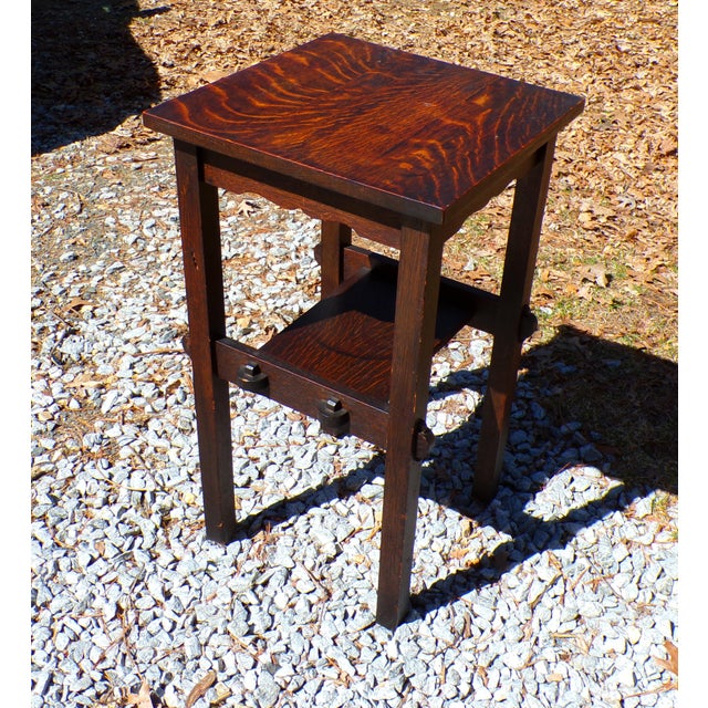 Vintage Mission Oak Arts & Crafts Side Table Plant Stand End Table. Quarter-sawn oak with distinct grain pattern. Features...