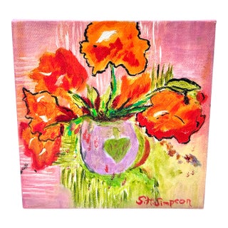 Vintage Mini Floral Still Life Painting on Canvas – Bright Poppy Flowers, Pink Cottagecore Wall Art, Signed For Sale