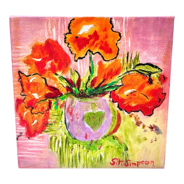 Vintage Mini Floral Still Life Painting on Canvas – Bright Poppy Flowers, Pink Cottagecore Wall Art, Signed For Sale