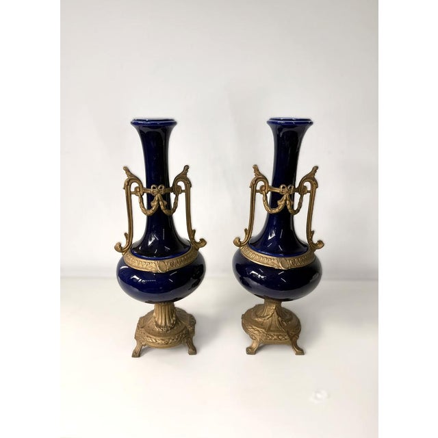 Antique French Cobalt Blue Porcelain Vases, Set of 2 For Sale - Image 10 of 10