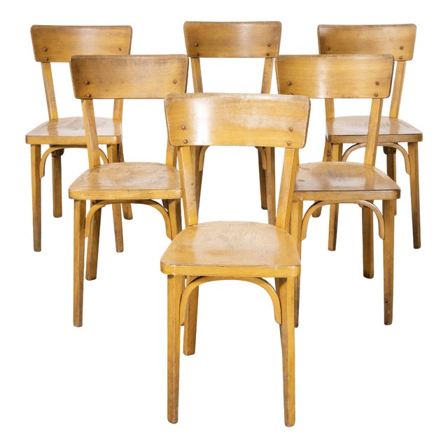 French Honey Beech Bentwood Dining Chairs from Baumann, 1950s, Set of 6 For Sale