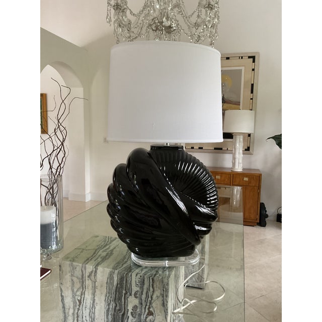 1980s Art Deco Revival, Van Teal Table Lamp, Black Ceramic Glase, Lucite Base. Euc. For Sale In Miami - Image 6 of 17