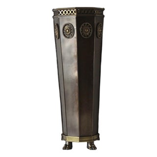 Mid 20th Century Slim Brass Wall Umbrella Stand Cane Holder Decorative Medallions Paw Footed Details For Sale