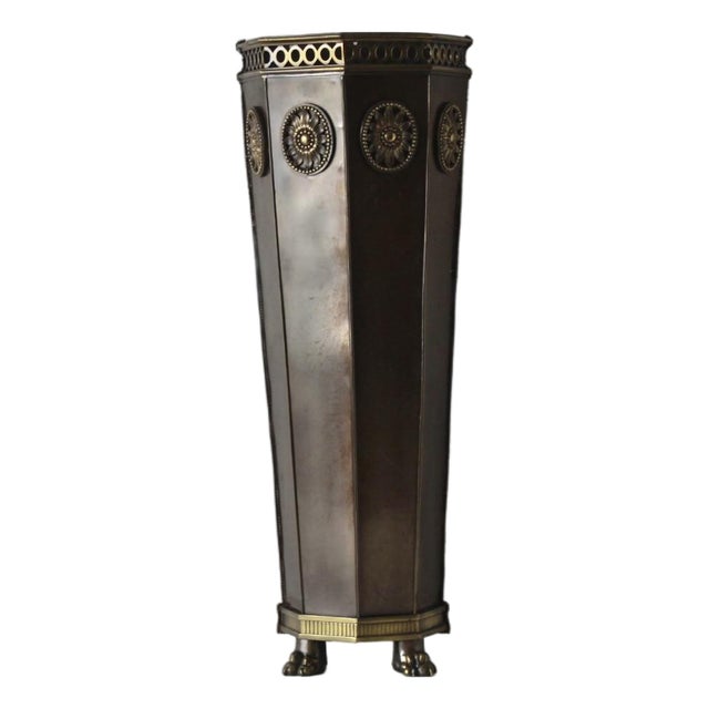 Mid 20th Century Slim Brass Wall Umbrella Stand Cane Holder Decorative Medallions Paw Footed Details For Sale