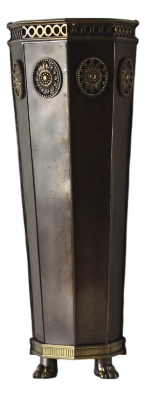 Mid 20th Century Slim Brass Wall Umbrella Stand Cane Holder Decorative Medallions Paw Footed Details